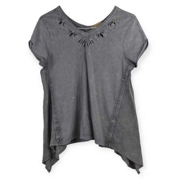 Demoracy Blouse M Womens Gray Distressed Sharkbite Hem Cotton Blend Short Sleeve - Picture 1 of 11
